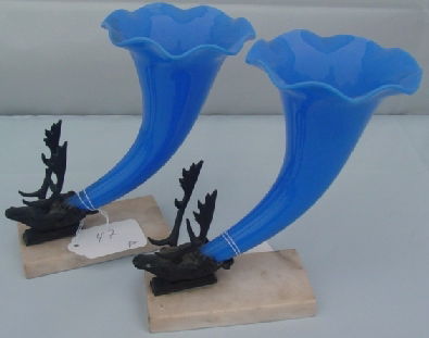 Pair Victorian opalene mantel garnitures: 8" tall bronze elk form with opalene glass and marble base epergnes, very good condition