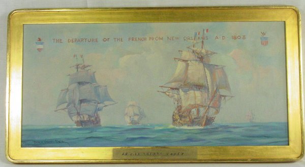 Oil on canvas painting by Frank Vining Smith: Oil on canvas painting by Frank Vining Smith "The Departure of The French From New Orleans 1803", 12" x 24", signed LL, good condition FREE SHIPPING WITHIN THE UNITED STATES- BUYER PAYS INSURANCE