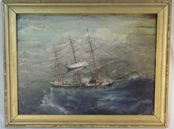 Ship in stormy seas portrait attributed to Clement: Ship in stormy seas portrait attributed to Clement Drew on pine wood panel, 11 1/2" x 16", good original condition