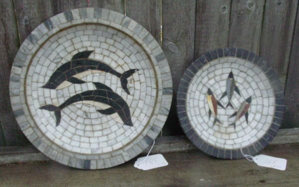 two Denmark mosaic chargers: Heide Mosaic Denmark 13 1/2" and 9 1/2" diameter chargers with fish design