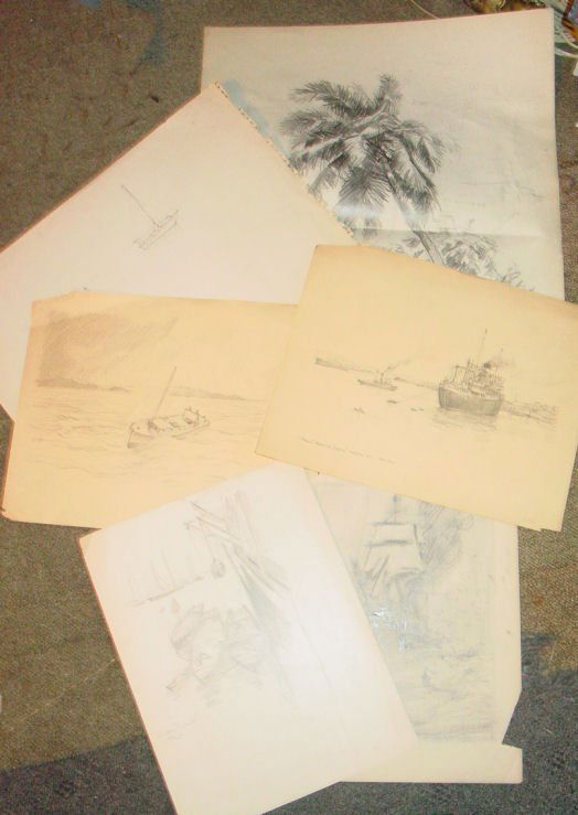 6 nautical Frank Vining Smith pencil drawings: 6 Frank Vining Smith nautical pencil drawings unsigned - some with descriptive titles Condition: unframed - as seen condition