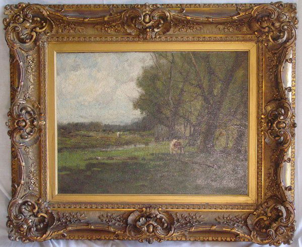 Charles P Gruppe oil on canvas: Charles P Gruppe oil on canvas, landscape with cows along the river - with a mill in the background, ornately framed, 20" x 26", signed lower left, good relined condition