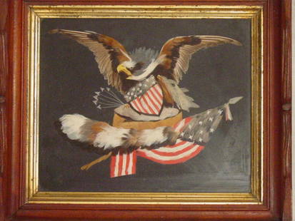 feather art American eagle: walnut framed feather art of American eagle, circa 1900, 10" x 12", very good condition
