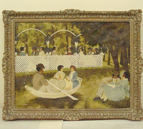 Suzanne Eisendieck oil painting on canvas: Oil on canvas of gathering by Suzanne Eisendieck, 18" x 24", labeled on back