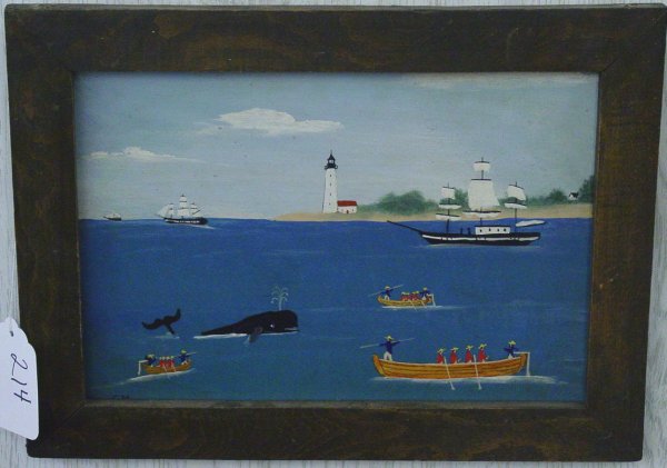 folk art painting on panel by Charles Munro: 2004 folk art painting on panel by Charles Monro "Whaling off the lighthouse", 8 1/2" x 12"