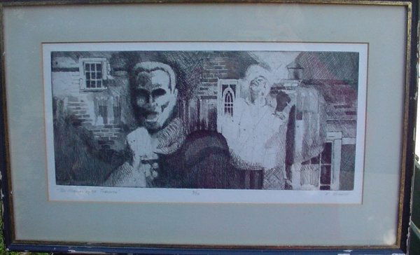 Framed etching by Reginald Marsh "The Mor: Framed etching by Reginald Marsh "The Morning After Tomorrow", 7 1/2" x 15", numbered 9/20