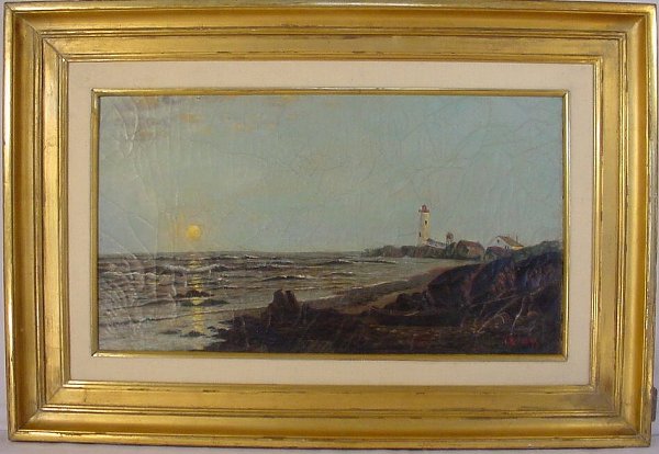 Francis Augustus Silva oil painting: 11" x 19" of White Island lighthouse New Hampshire, "Moonrise", relined
