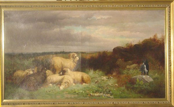 Peter Moran oil landscape: important oil on canvas landscape with flock of sheep being watched by a sheep dog, signed lower right Peter Moran, (1841 - 1914), relined