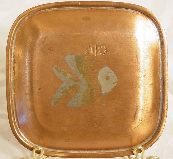 Tri metal hand wrought tray: Los Castillo #103 Taxco 6" x 6" with center fish design