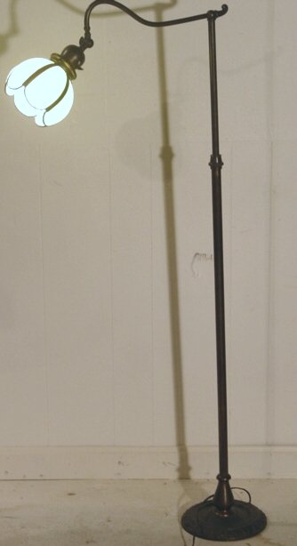 Handel floor lamp with shade: signed 50" Handel floor lamp with green panel shade