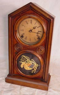 antique figure 8 mantel clock: antique figure 8 mantel clock 16" tall mantel clock with reverse painted panel, circa 1860, very good condition