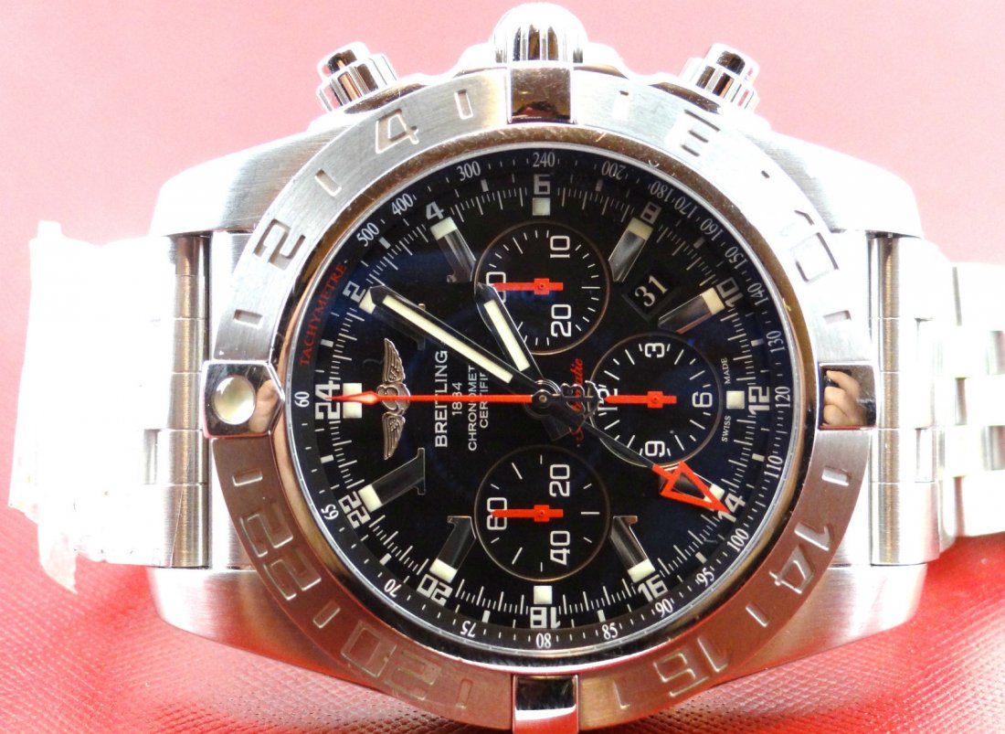 Breitling Chronomat GMT 47MM Limited Edition Mens Watch: Breitling Chronomat GMT Limited Edition of 2000 Watches. 47.00 mm satin finish stainless steel case, sapphire crystal back, screw-locked crown with two gaskets, ratcheted unidirectional bezel, cambere
