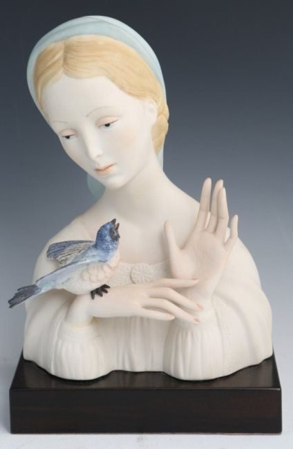 Cybis Porcelain Bust of Girl with Blue Bird 12" Tall: This is a Beautiful Cybis Porcelain Bust of a Girl with a Blue Bird on her hand. Wonderful Detail and Color. Attached to a wood Base and Signed Cybis on the back of Bust. Wonderful Display Piece. Stan