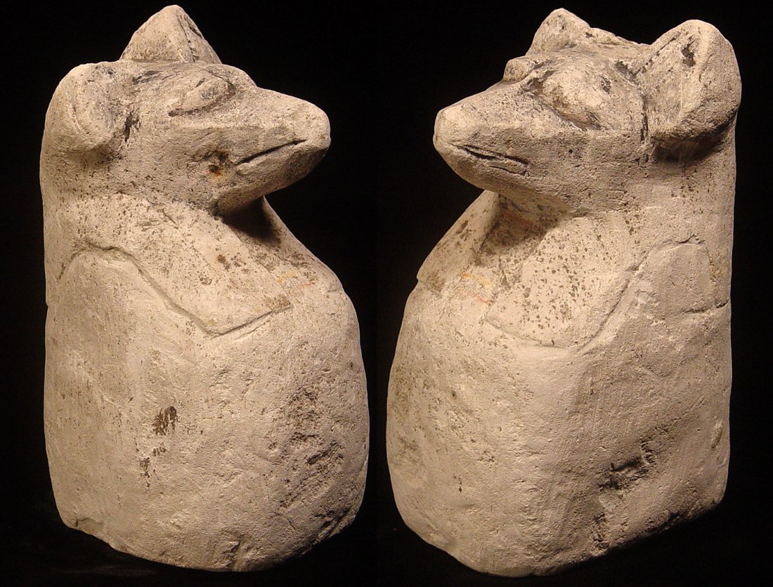 EGYPTIAN LIMESTONE JACKAL, Late Period, c. 550-500 BC.: EGYPTIAN LIMESTONE JACKAL, Late Period, c. 550-500 BC. Likely a sculptor's trial piece. 6 x 4 x 3 inches. No repair. Provenance: From The Princeton Collection. All pieces in the collection were purcha