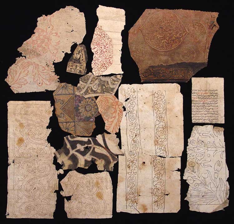 12 ANTIQUE ISLAMIC PAPER FRAGMENTS.: 12 ANTIQUE ISLAMIC PAPER FRAGMENTS. Egypt, c. 16th-early 19th century. Most with ornate designs, one with calligraphy both sides, includes one fabric with attached twine designs and embossed leather b