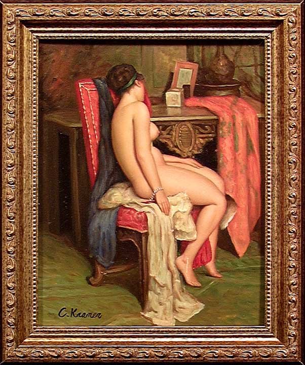 SEATED CLASSICAL NUDE BY C. KRAMER: C. KRAMER SEATED CLASSICAL NUDE, 20th century. Oil on board, signed C. Kramer lower left. 8 x 10 inches, 10 x 12 in wooden frame. Extremely voluptuous figure. Provenance: Acquired by the current owner