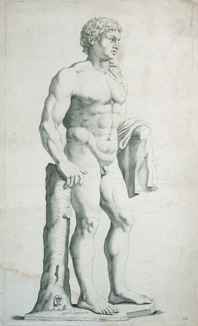 GREEK NUDE ENGRAVING: EARLY GREEK NUDE ENGRAVING, c. 1700's. Classical engraving of a young Greek male nude. 10.5 x 17 inches. Provenance: Acquired by the current owner at an upscale East Coast Estate Auction. All pieces h