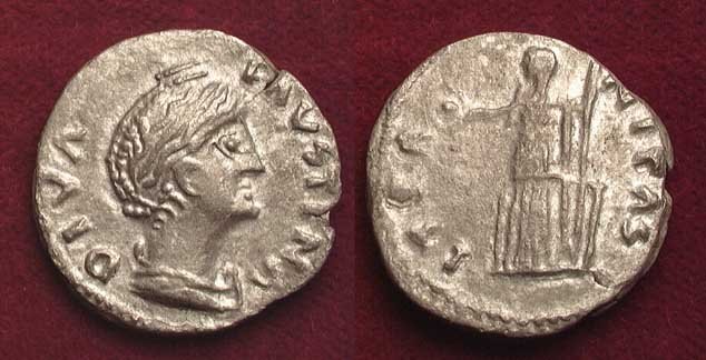 FASCINATING BARBARIC FAUSTINA SR. DENARIUS: FASCINATING BARBARIC FAUSTINA SR. DENARIUS, Celtic imitating a Roman coin of the wife of Antoninus Pius. Silver barbaric style denarius. VF. Rare! Excellent example of Celtic portrait art. Provenance: