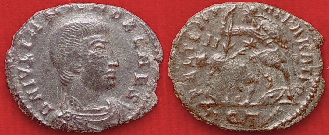 JULIAN II, AD 355-363, AS CAESAR. AE17: ROMAN EMPEROR JULIAN II, AD 355-363, AS CAESAR. AE17. Obverse: DN IVLIANO NOB CAES, bare headed bust right. Reverse; soldier spearing barbarian horseman. VF.