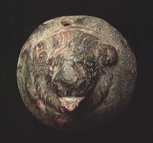 ROMAN BRONZE LION HEAD BOSS: A ROMAN BRONZE LION HEAD BOSS, ca. 1st-3rd century. Nice larger example with tufted beard. 2". Provenance: An extensive 20th century New Jersey collection. Assembled over the past 35 years. All pieces