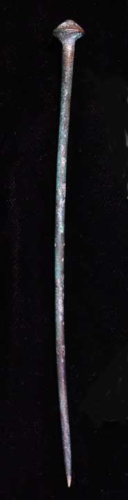 EUROPEAN BRONZE - IRON AGE BRONZE CLOAK PIN: EUROPEAN BRONZE - IRON AGE BRONZE CLOAK PIN. Central Europe, 3rd-1st millennium BC. 6 inches. These doubled as women's hair and cloak ornaments as well as discrete but effective personal protection de