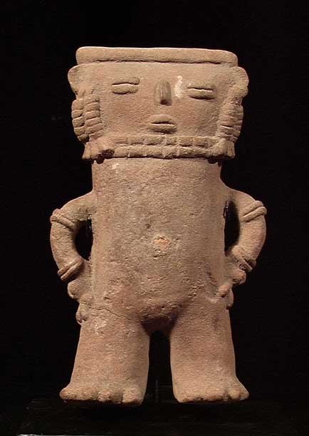 PROUD CHIMILA SLAB FIGURE: PROUD CHIMILA SLAB FIGURE. Columbia, Caldas complex, ca. 1000-1400. The standing figure with arms on hips, applied details. 5.5 x 9.75 inches. A fine expressive piece from a rarer culture. Provenance: