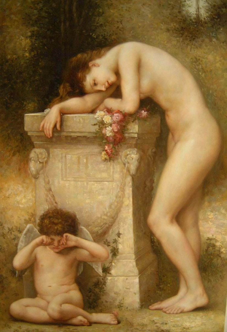 ORIGINAL OIL AFTER BOUGUEREAU: AFTER BOUGUEREAU. 20th century. Original oil on canvas. 24 x 36 inches. Shipped rolled. Provenance: Acquired by the current owner at an upscale East Coast Estate Auction. All pieces have been carefull