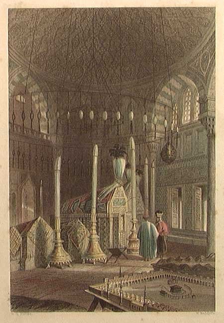 TOMB OF SULEIMAN THE MAGNIFICENT: A HAND COLORED STEEL ENGRAVING OF THE TOMB OF SULEIMAN THE MAGNICENT, 19th c. Constantinople. 5x7". Suleiman The Magnificent, 1494-1566, was the Ottoman Sultan under whom the Ottoman empire reached it