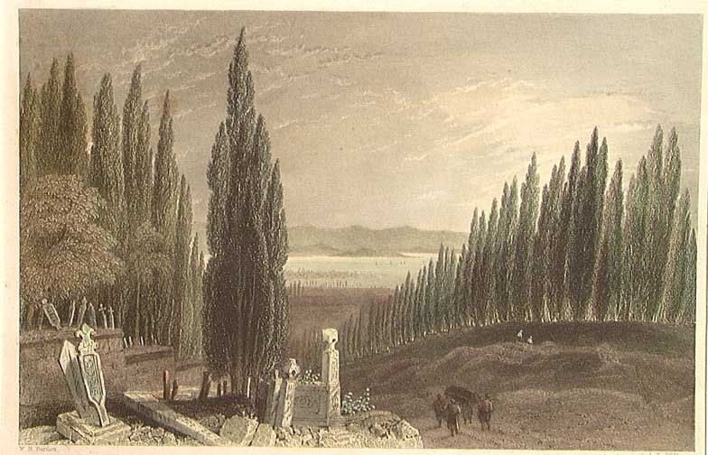 CEMETERY OF SCUTARI: DRAMATIC HAND COLORED STEEL ENGRAVING OF THE CEMETARY OF SCUTARI, 19th c. Constantinople. 5x7". In the Ottoman period Scutari (modern Üsküdar) was one of the three communities outside the city walls