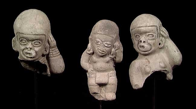 THREE ANIMATED JAMACOQUE FIGURES,: SET OF THREE QUALITY JAMACOQUE FIGURES, ca. 500 AD. Two wearing flayed skins of sacrificial victims over their faces with left hands to side of heads, and a standing figure wearing a loincloth, also w