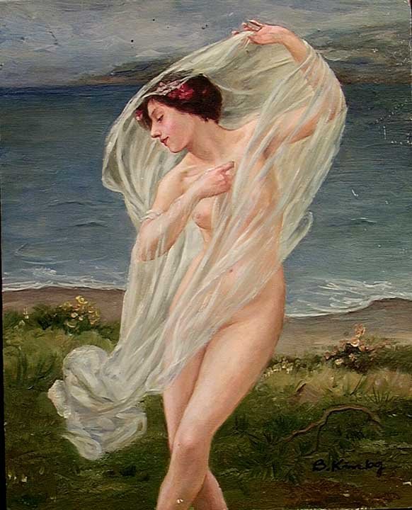 B. KINLOG NUDE DANCER IN GAUZE: B. KINLOG, 20th century, BEAUTIFUL NEOCLASSICAL PAINTING OF A NUDE DANCER. The beautiful voluptuous young girl dancing veiled by gauze blowing in the wind by a lake shore. Oil on board, signed B. Kinl