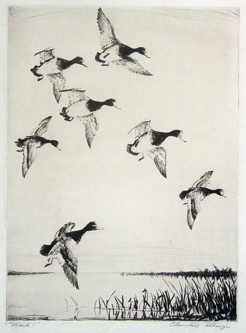 CHURCHILL ETTINGER NATURE ETCHING: CHURCHILL ETTINGER, c. mid 20th century. MARK! Etching of 7 mallard ducks coming in to land on a lake shore. Signed and titled in pencil by the artist below. 9 x 12 inches. Provenance: Acquired by the