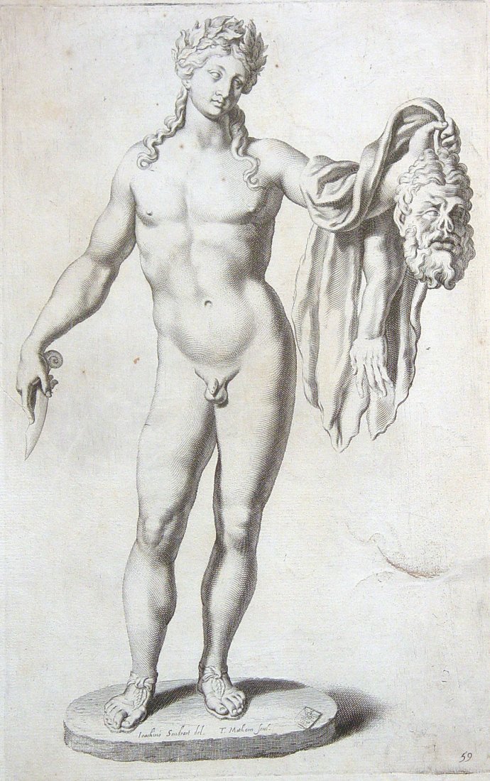 C. 1750 ENGRAVING APOLLO AND MARSYAS: APOLLO HOLDING THE FLAYED SKIN OF THE SATYR MARSYAS. c. 1700s. Engraving. 12 x 17 inches. On handmade paper with running figure in heraldic shield watermark. The Greek goddess Athena was said to have 