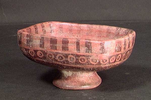 BEAUTIFUL NARINO QUADRANGULAR PEDESTAL BOWL: NARINO QUADRANGULAR PEDESTAL BOWL. Capuli complex, ca. 850-1500 AD. Black on red resist painted with geometric designs. 5.25". Intact. Provenance: Purchased by the present owner from a major New York 