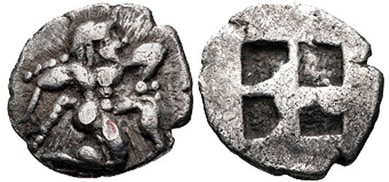 ARCHAIC GREEK SILVER SATYR COIN: THRACIAN ISLANDS, THASOS, Circa 412-404 BC. AR Diobol. Satyr running right. / Quadripartite incuse. 11 mm, 0.77 g. Provenance: An extensive 20th century New Jersey collection assembled over the past 3
