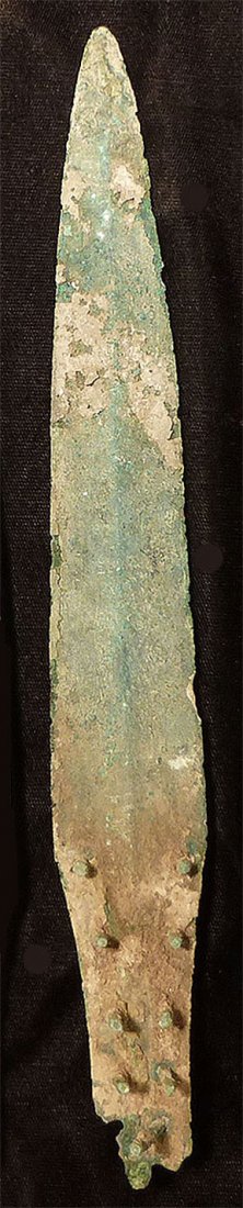 ROMAN DAGGER BLADE: ROMAN DAGGER BLADE, c. 1st-3rd century AD. with 10 large rivets to attach to handle. 10.5 inches. Would have been an extremely strong and sturdy weapon. Provenance: Recently imported into the US from 