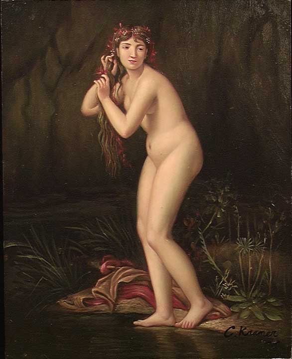 C. KRAMER NUDE BATHER: C. KRAMER NUDE BATHER CLASSICAL NUDE OIL PAINTING, 20th century. Oil on board, signed C. Kramer. Depicting a beautiful nude maiden bather wringing out her hair by a secluded river in the evening. 8 x
