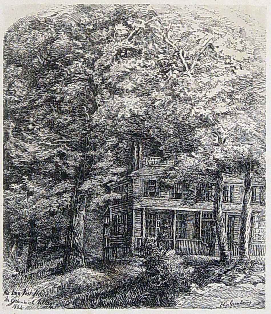 ORIGINAL LITHOGRAPH 1864 DAN WEST HOME IN GREENWICH VIL: ELIZA CREATORY? THE DAN WEST HOME IN GREENWICH VILLAGE, 1864. Lithograph 6 x 9 inches on a 11 x 14 inch page. Nice condition with minor foxing. Interesting view from the early days of New York City of