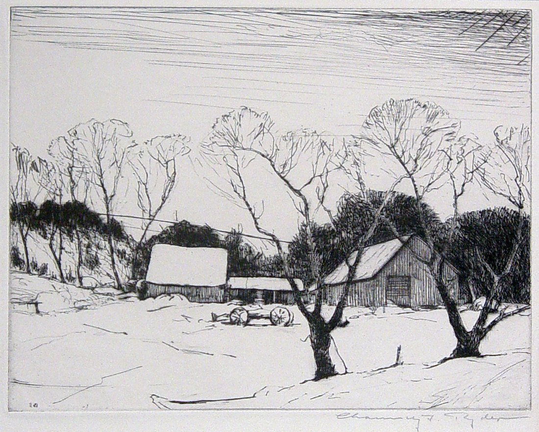 ORIGINAL LITHOGRAPH BARN IN WINTER BARN: CHAMMNEY? F. RYDER. c. early-mid 20th century. Lithograph of a winter barn scene. x 9.5 inches on a 10 x 13 inch page. Provenance: Acquired by the current owner at an upscale East Coast Estate Auction