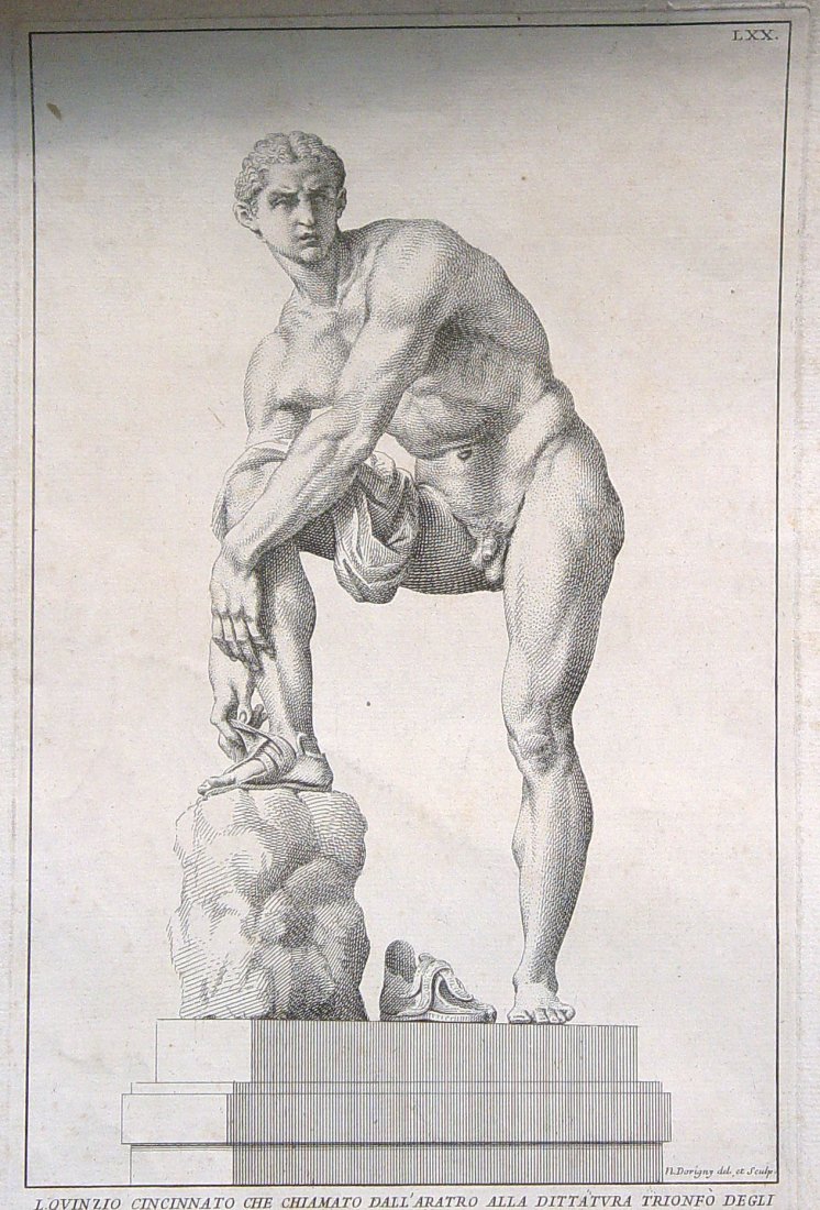 LUCIUS CINCINNATUS ORIGINAL 1700'S ENGRAVING: L.QVINZIO CINCINNATO CHE CHIAMATO DALL'ARATRO ALLA DITTATVRA TRIONFO DEGLI EQVI. c. 1700's. Engraving with description in Italian printed at bottom. Hand laid paper with uncertain circular watermark. 