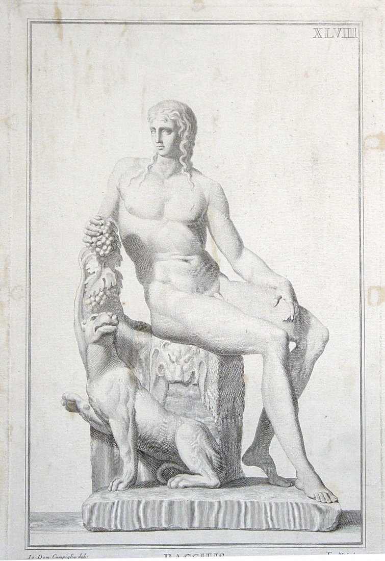 1700's ENGRAVING BACCHUS: BACCHVS, Io. Dom Campiglia del. c. 1700'S. High quality original engraving of Bacchus, the God of wine, feeding grapes to his panther. 11 x 15.5 inches. Provenance: Acquired by the current owner at an