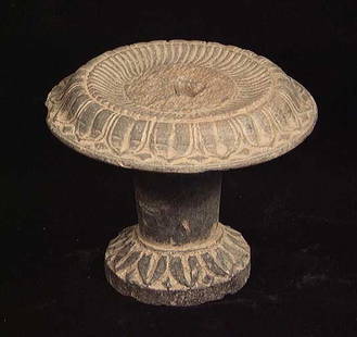 COMPLETE GANDHARA OFFERING STAND: GANDHARA LOTUS OFFERING STAND, ca. 2nd-3rd century AD. The stand consisting of a pedestal with carved lotus base and a top with wide finely carved lotus stand. 4 x 5 inches. Rare.Provenance: An extens