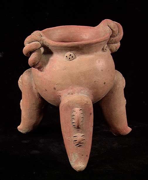 SIZABLE CHIRIQUI TRIPOD: SIZABLE CHIRIQUI TRIPOD VESSEL. Panama, Barilles, ca. 1200-1500 AD. The tripod legs with rattles. 7 x 7 inches. One leg reattached. Cf. See Disselhoff & Linne, fig. 72.2 for the type. Provenance: Purc