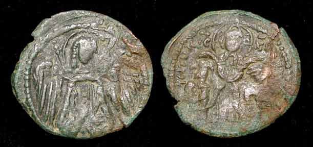 THE ARCHANGEL MICHAEL: RESTORED BYZANTINE (PALAEOLOGIAN) EMPIRE, ANDRONICUS II AND MICHAEL IX, 1295-1320. AE Assarion, Sear 2435. 3/4 length bust of archangel Michael facing/The two emperors, half length, crowned by Christ 