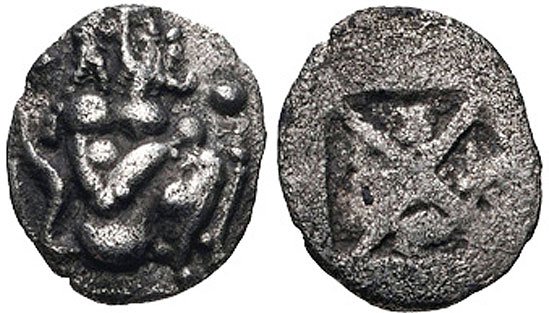 SILVER SATYR COIN: ARCHAIC GREEK SILVER SATYR COIN. THRACO-MACEDONIAN REGION, SIRIS. AR 12mm, 1/8 Stater - Trihemiobol, Satyr squatting right. / Quadripartite incuse. Provenance: An extensive 20th century New Jersey col