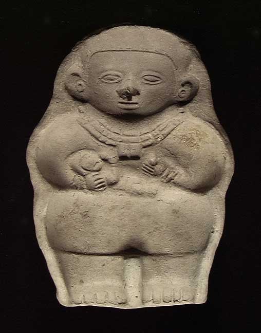 RARE LA TOLITA MOTHER & CHILD: RARE TUMACO-LA TOLITA POTTERY MOLD FOR A MOTHER AND CHILD, Ecuador, c. 300 BC. The mold used for producing a full length female figure who suckles a child at one breast and offers the other with her h