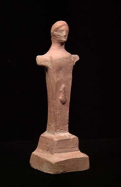 EROTIC GREEK HERM: EROTIC GREEK HERM. c. 1st century BC/AD. The figure with typical stub arms and erect male organ. 4.8". Rare red ware example. Provenance: An extensive 20th century New Jersey collection assembled over