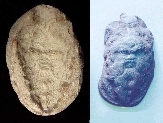 GREEK SILENOS HEAD MOLD: GREEK TERRA COTTA MOLD OF A SILENOS, c. 5th-3rd century BC. The mold for producing a bushy bearded Silenos head. 3". Very rare. The drunken Silenos was a satyr and follower of Bacchus, the God of Wine