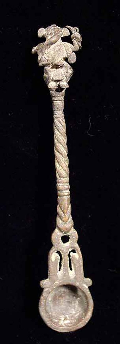 INDIAN GANESH ELEPHANT SPOON: EARLY INDIAN ORNATE BRONZE SPOON WITH GANESH, c. 17th-18th century. 4.7 inches. Nice little spoon cast with figure of mouse on a seated Ganesh elephant at the handle terminal. Excellent condition and 