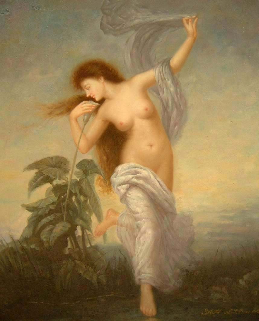 NUDE GODDESS OF DAWN: L'AURORE, AFTER BOUGUEREAU. 20th century. Original oil on canvas. 20 x 24 inches. Signed lower right. Shipped rolled. Provenance: Acquired by the current owner at an upscale East Coast Estate Auction.